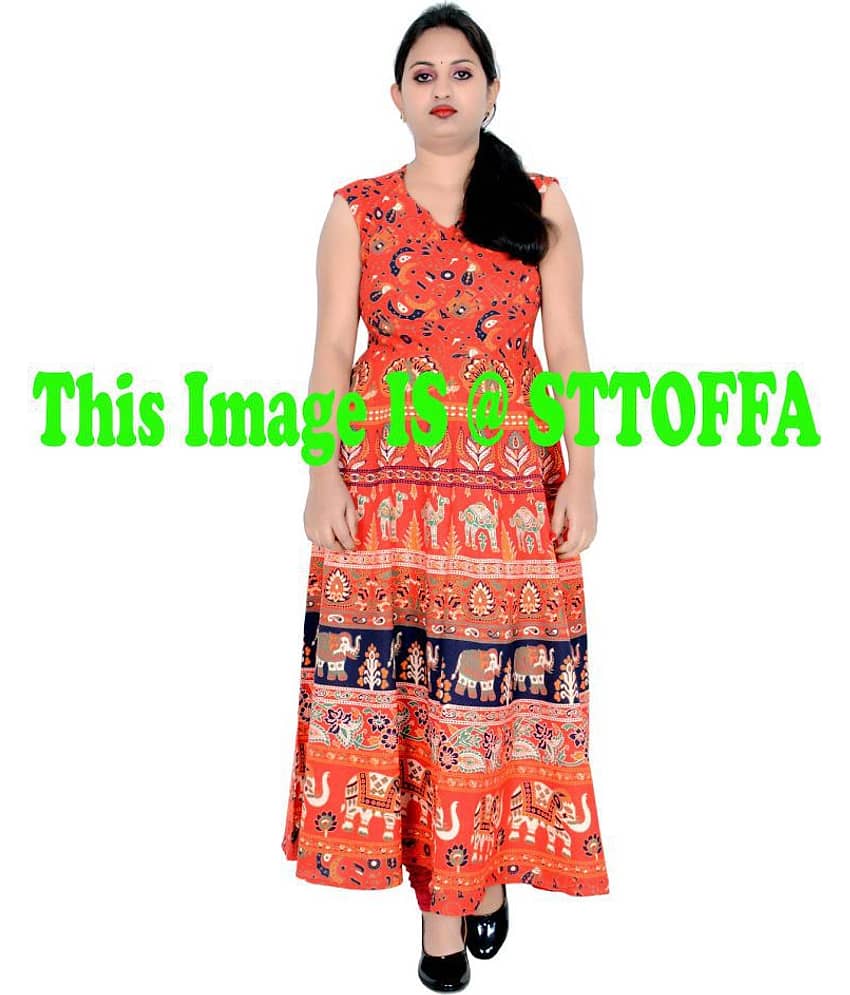 Sttoffa Women Cotton Ethnic Dress ( Orange ) view 2