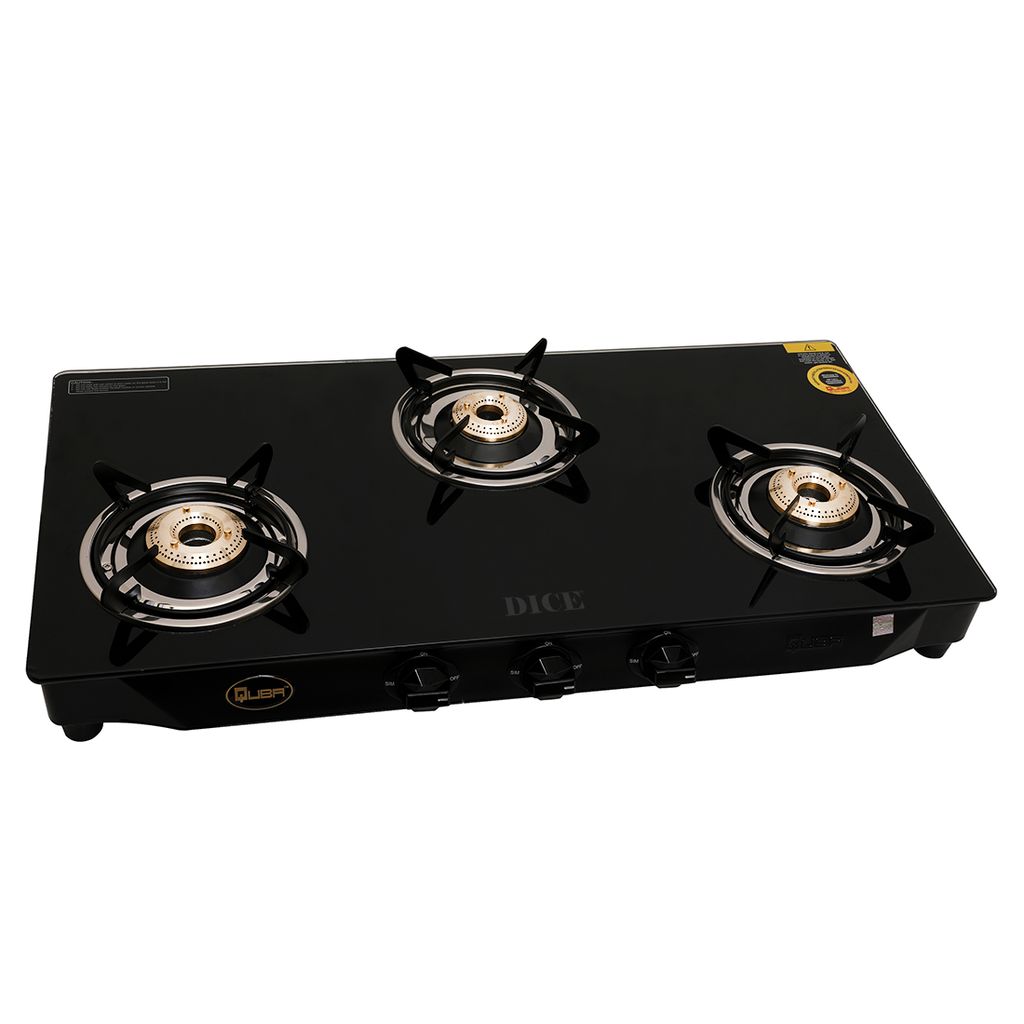 Dice B3 3 Burner Gas Stove – Black Glass Top, Brass Burners, ISI Certified, MS Channel Support, Manual Ignition, 2-Year Warranty