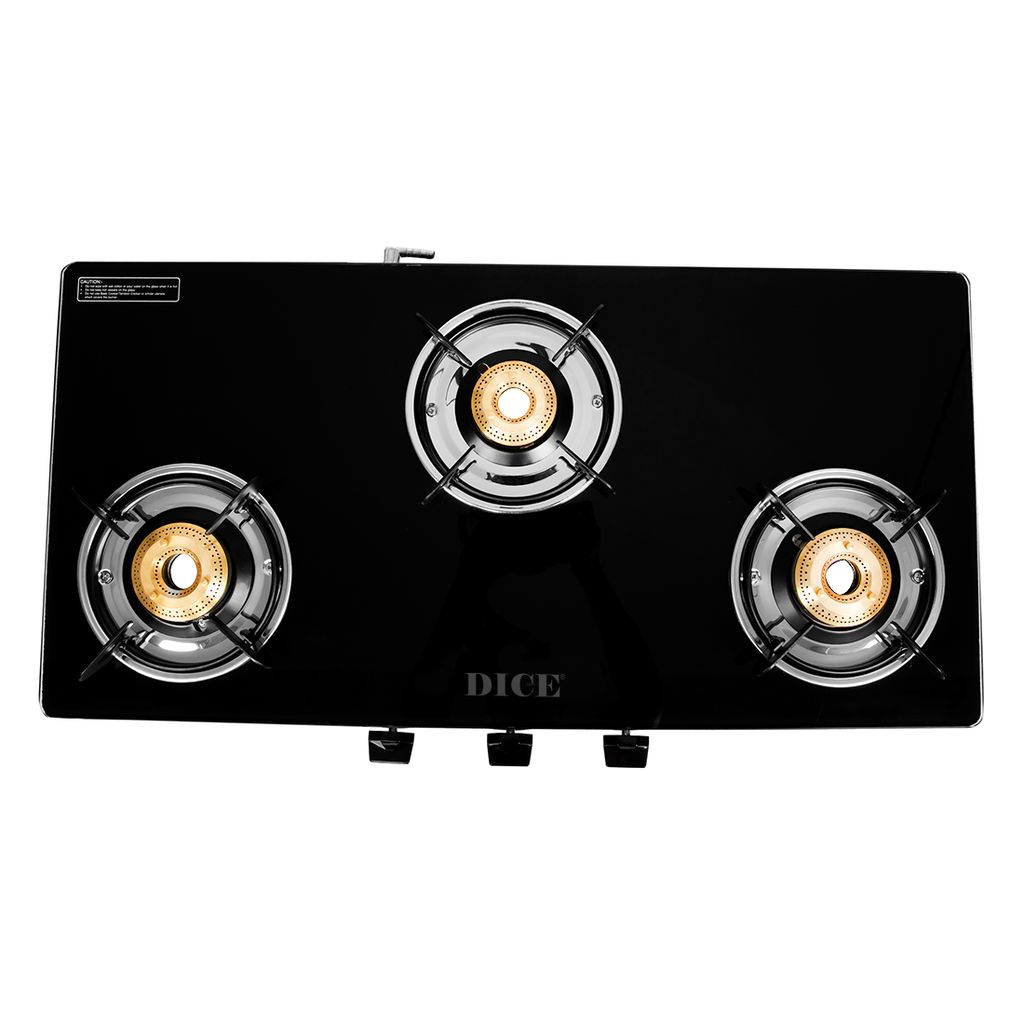 Dice B3 3 Burner Gas Stove – Black Glass Top, Brass Burners, ISI Certified, MS Channel Support, Manual Ignition, 2-Year Warranty view 2