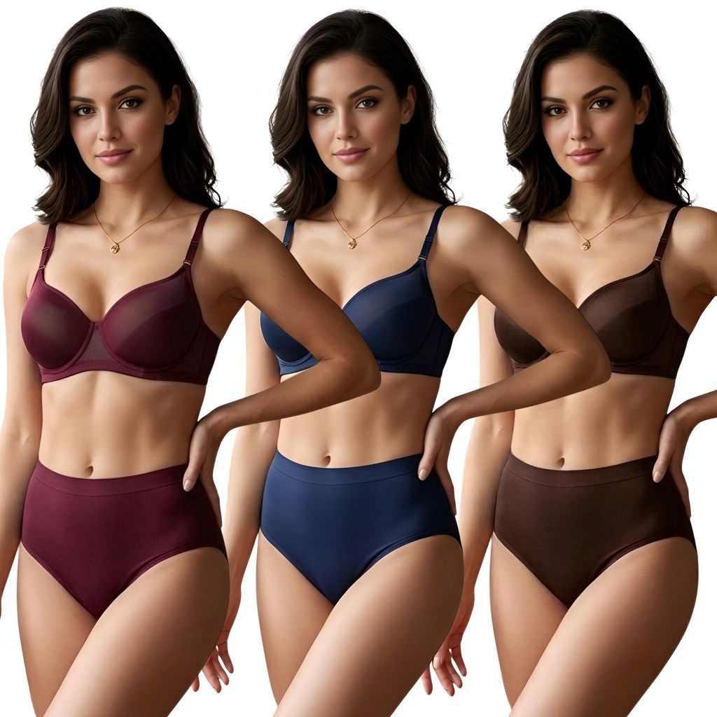 SVAHA Women’s Solid Light Padded Hosiery Bra & Panty Set Pack of 3 | Soft Stretch Lingerie Combo | Everyday Comfortable Innerwear | Sizes 28–40 |