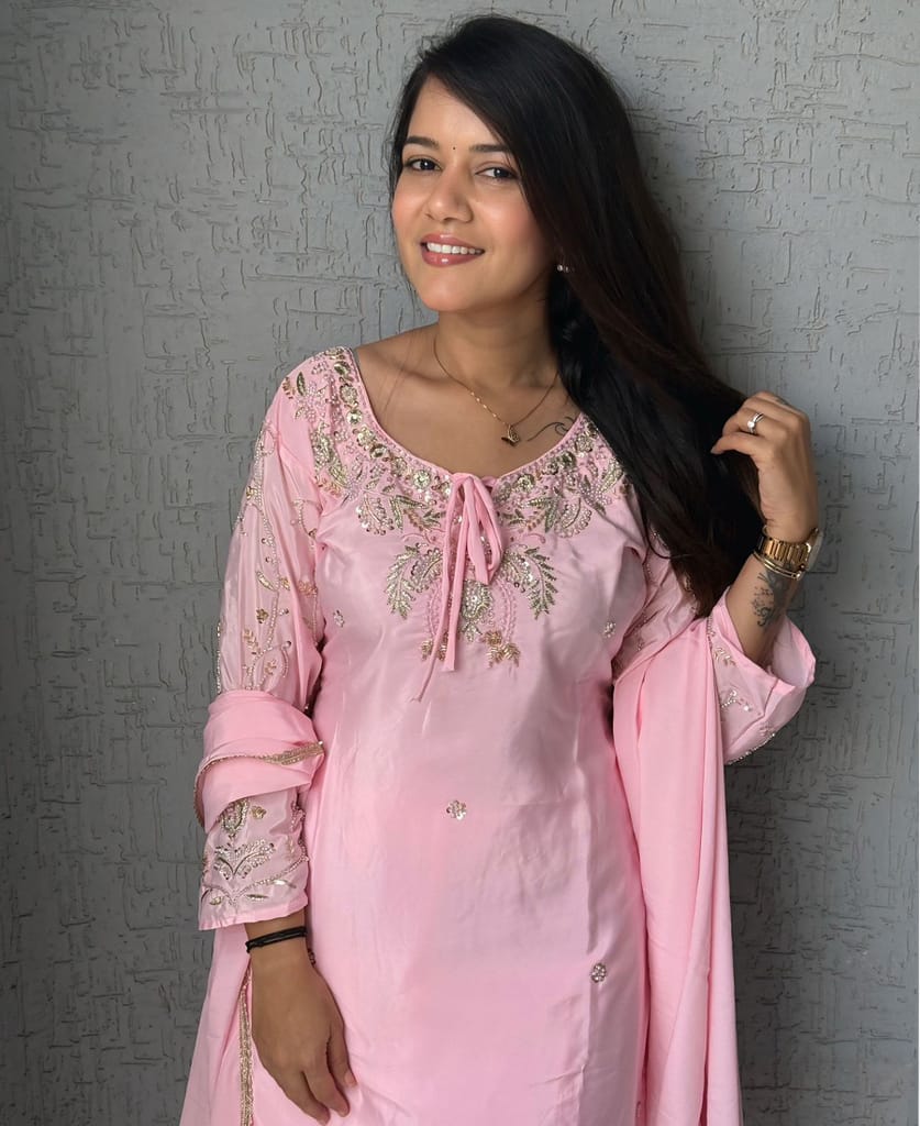 Pink Farshi Salwar Suit for Women Hand Embroidery Work view 2
