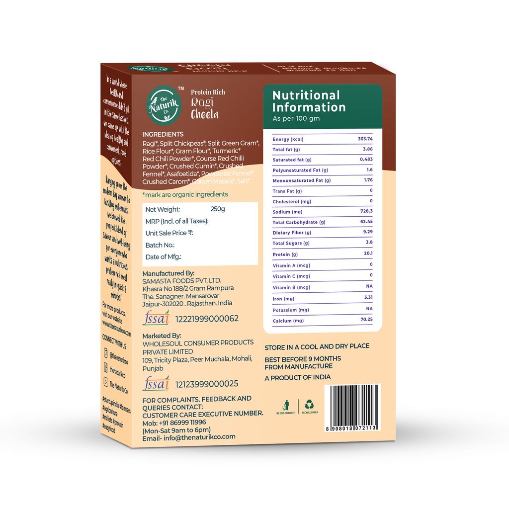 The Naturik Co Ragi Cheela Mix, 250g, Ready to Cook Chilla/Dosa for Healthy Breakfast, 81% Ragi and Pulses, 20% Protein, Anytime Snack for Kids and Family view 2