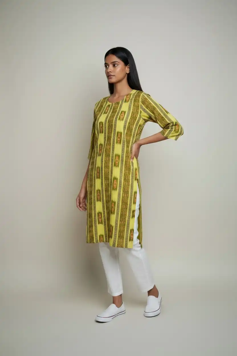 Sambalpuri Ikat Green Yellow Cotton Kurti view 2