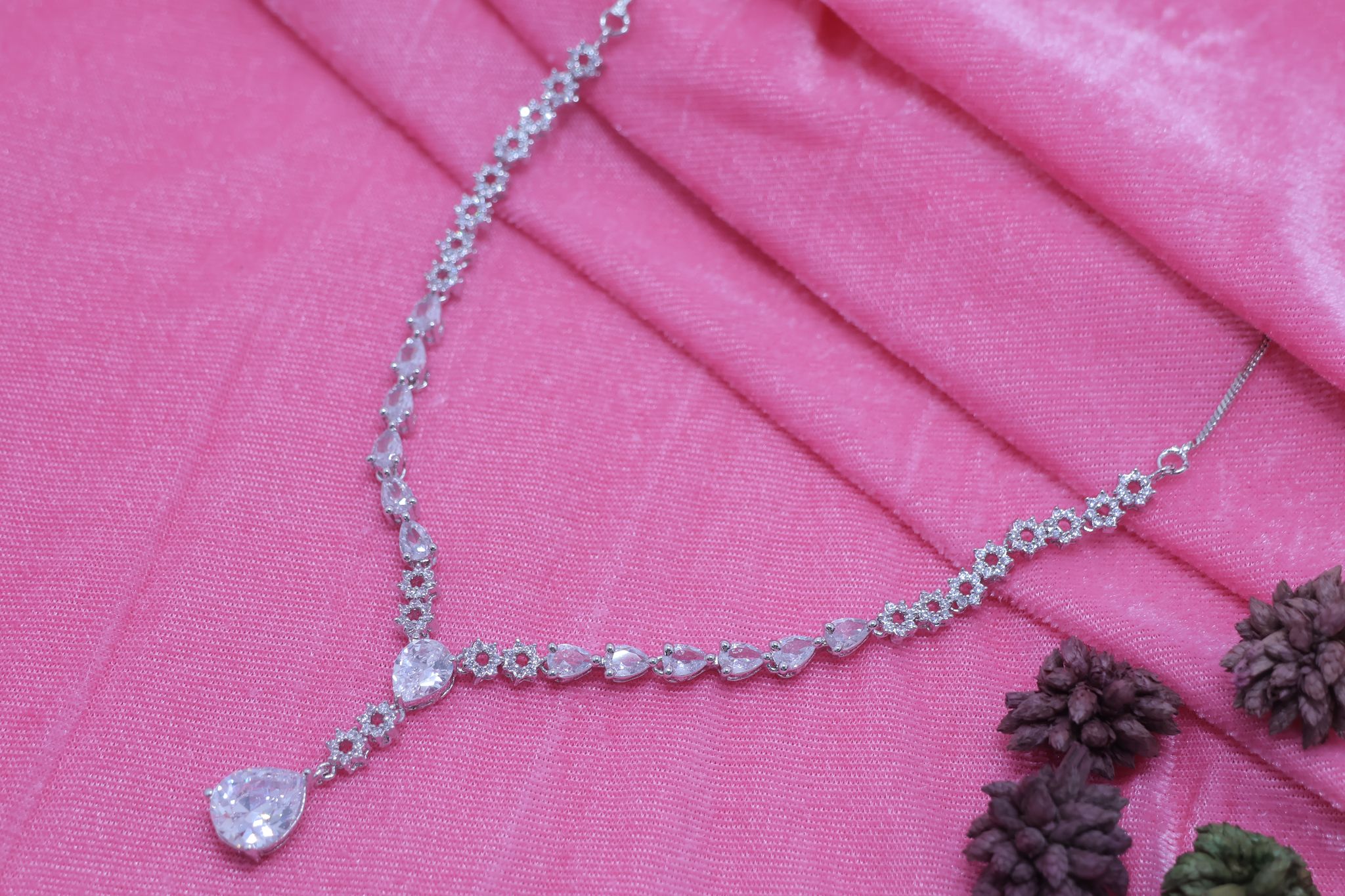 Sparkling Silver Plated Zirconia Drop Necklace