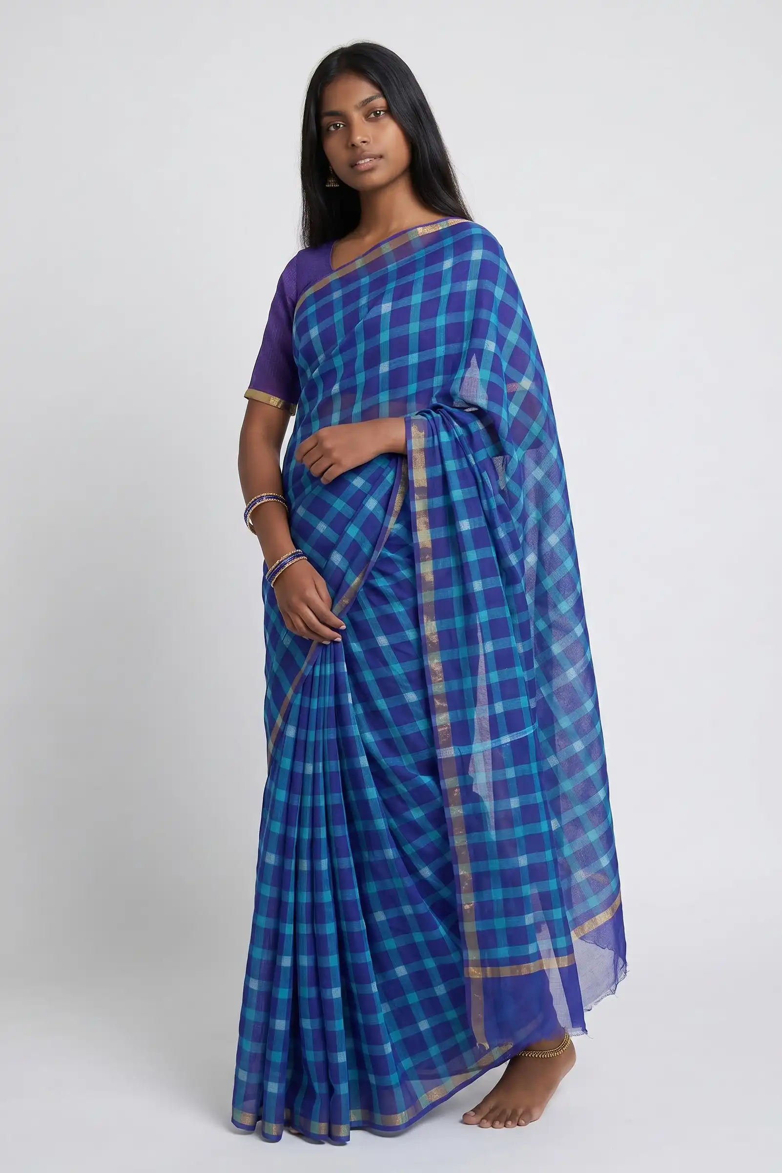 Kota Doria Cotton Saree Royal Blue Turquoise Checks view 2