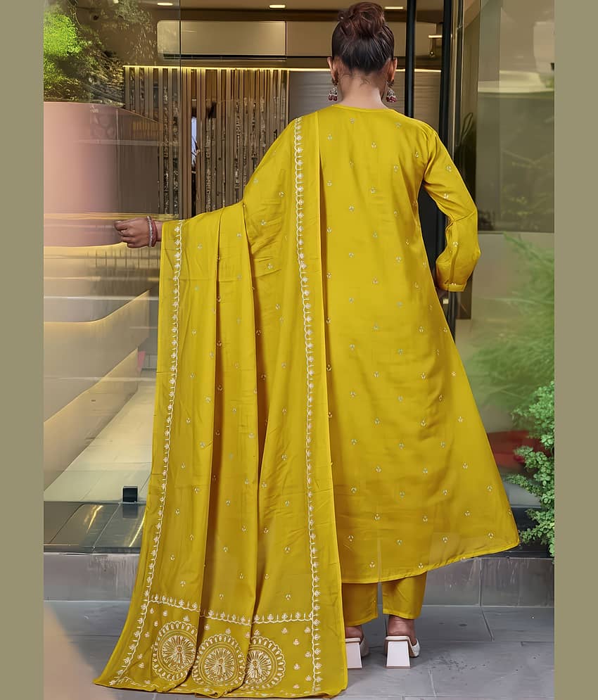 anushansa Women Viscose Embroidered Flared Kurti With Pants ( Yellow ) view 2