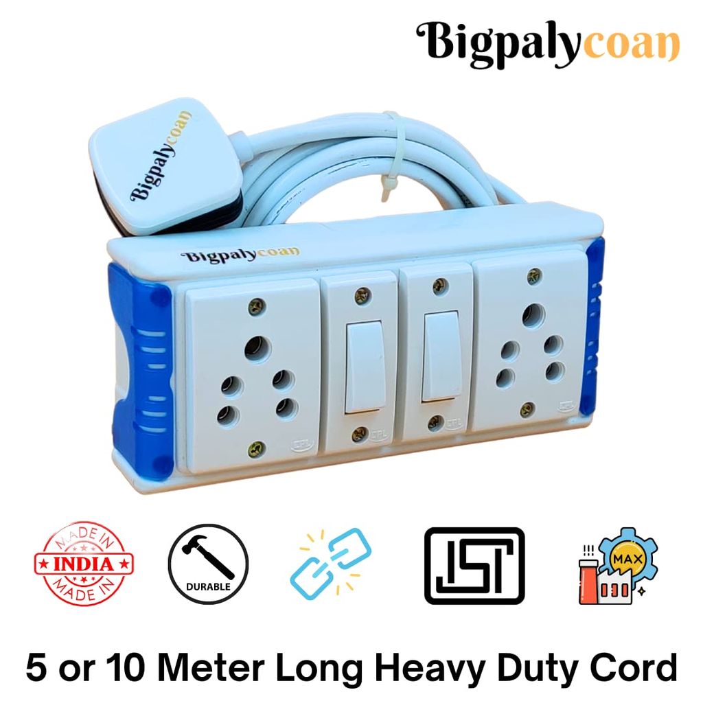 Bigpalycoan 2 Way Extension Multi Outlet Electrical Switch Board with Individual Switch Heavy Duty Long Cord (Max. Rating 1200W- 230V) PVC Blue/Green-White view 2