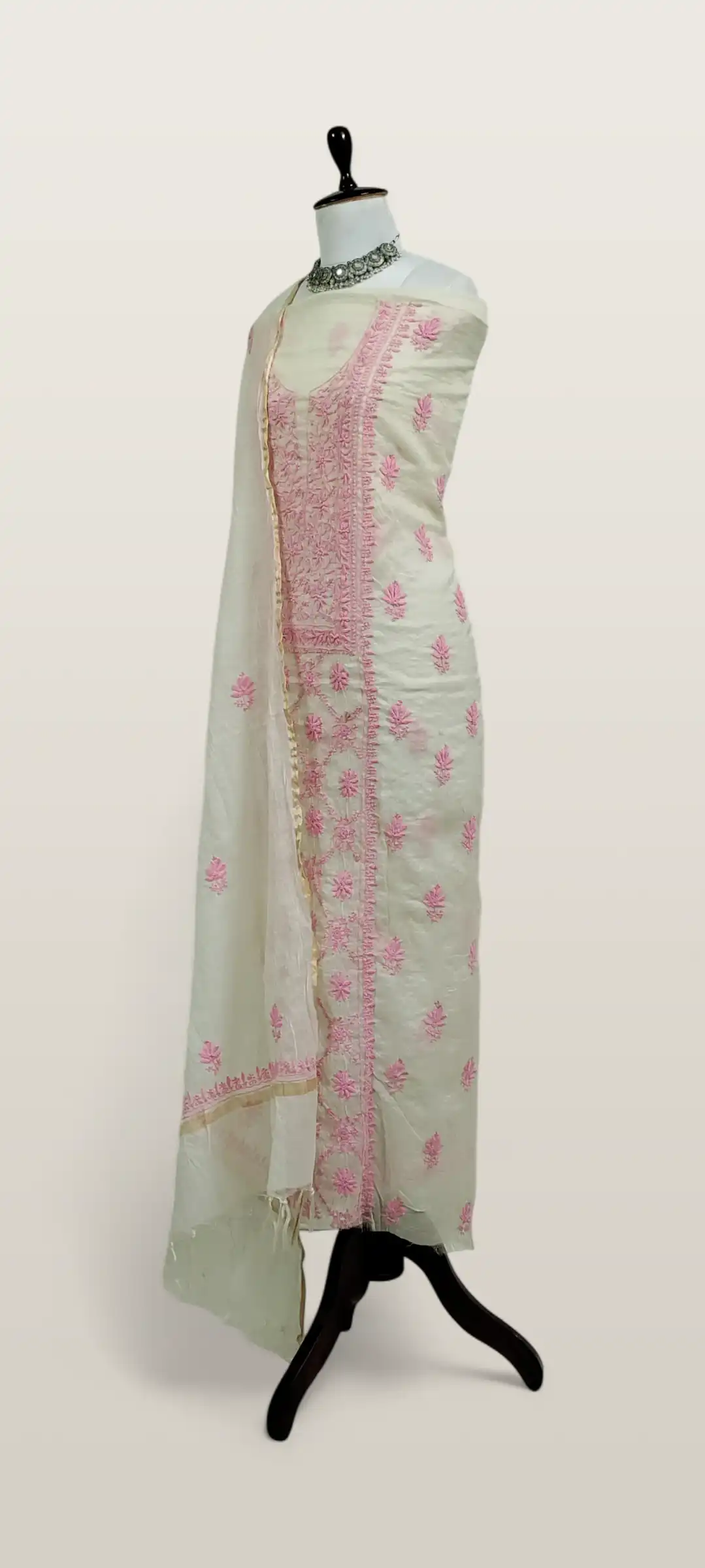Chikankari Mul Chanderi Dress Material Ivory Pink Floral view 2