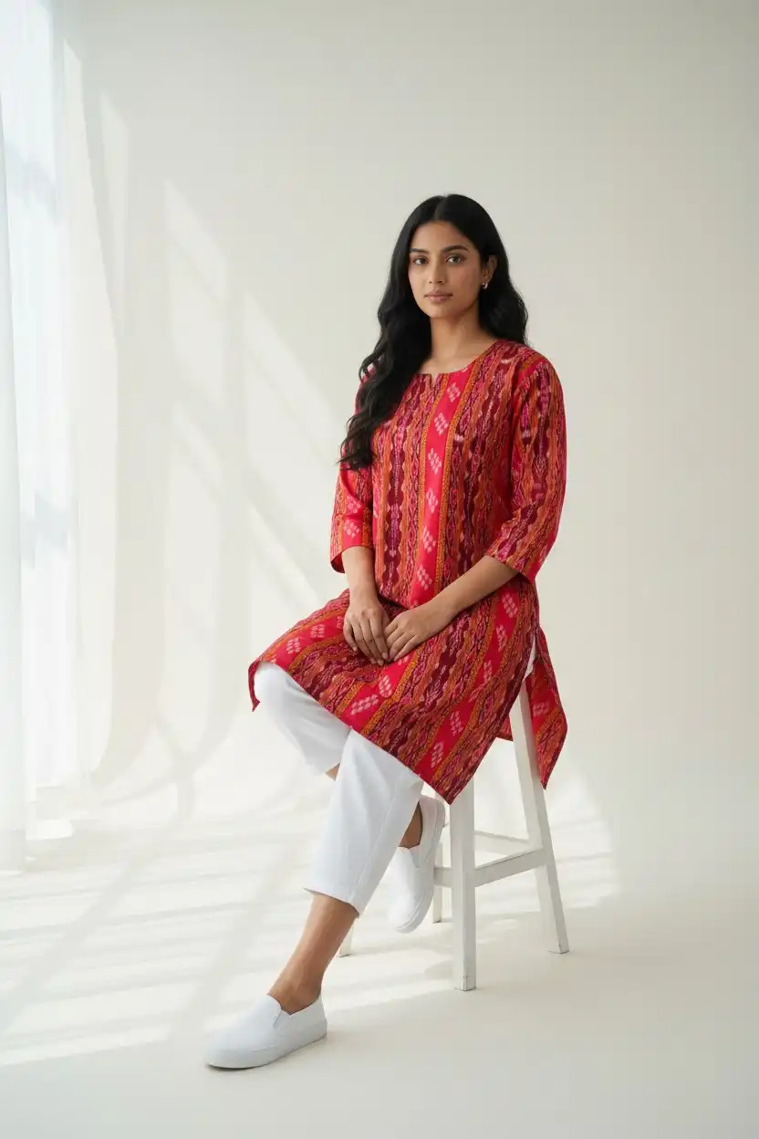 Sambalpuri Ikat Maroon Orange Cotton Kurti view 2