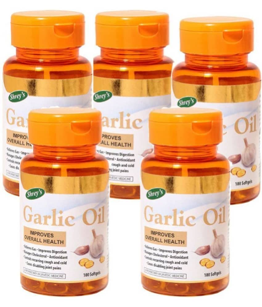 Shrey's Garlic Oil for Digestion – 500 Capsules (Improves Overall Health) 5 no.s Minerals Softgel Pack of 5