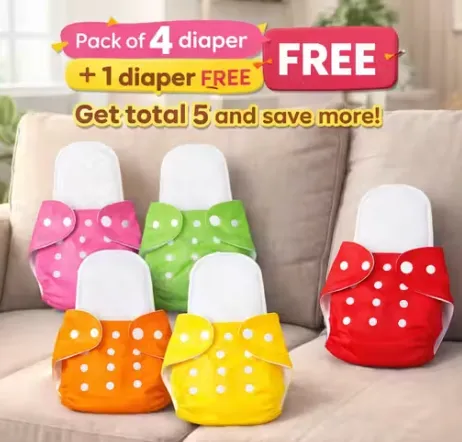 Pack of 4 Diapers + 1 Diaper FREE (4+1 = Total 5 Diapers) | Insert Included in All | Ultra Soft, Leak-Proof & Skin Friendly