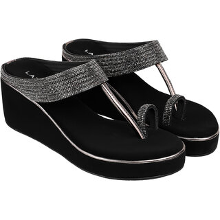 Lazera Black Wedge Sandals for Women Diamond T Strap Cushioned Footbed Rubber Sole