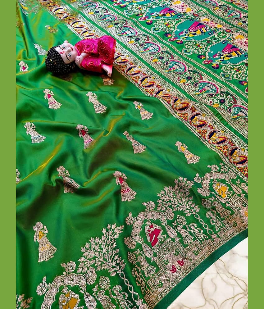 KALIPATRA Art Silk Solid Baluchari Saree With Unstitched Blouse Piece ( Green ) view 2