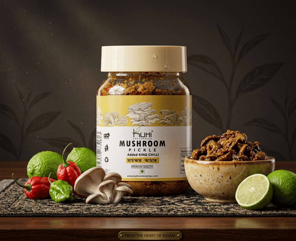 Kuhi Enterprise Oyster Mushroom Pickle made with Naga King Chilli & Assam Lemon Mushroom, Lemon, (200gm)