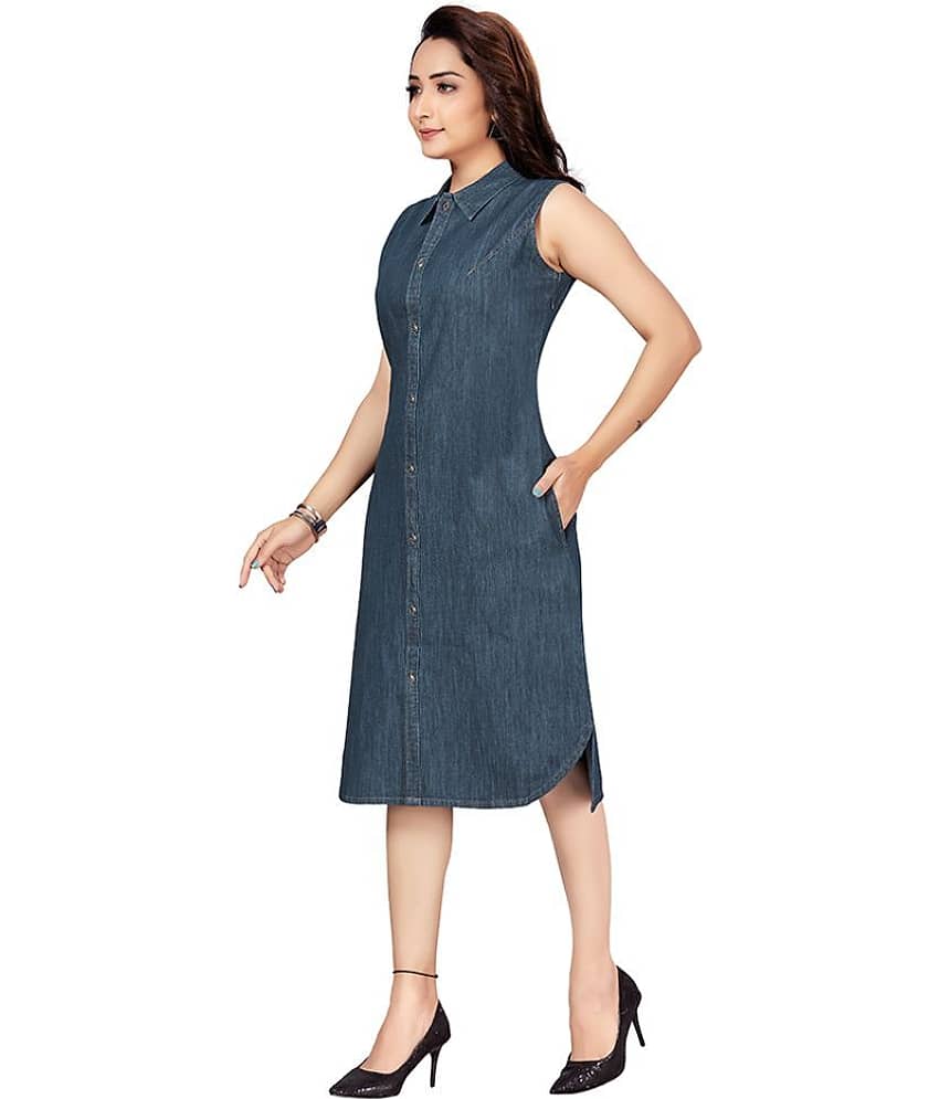 TAT2 FASHIONS Women Denim Solid Shift Dress ( Blue ) view 2