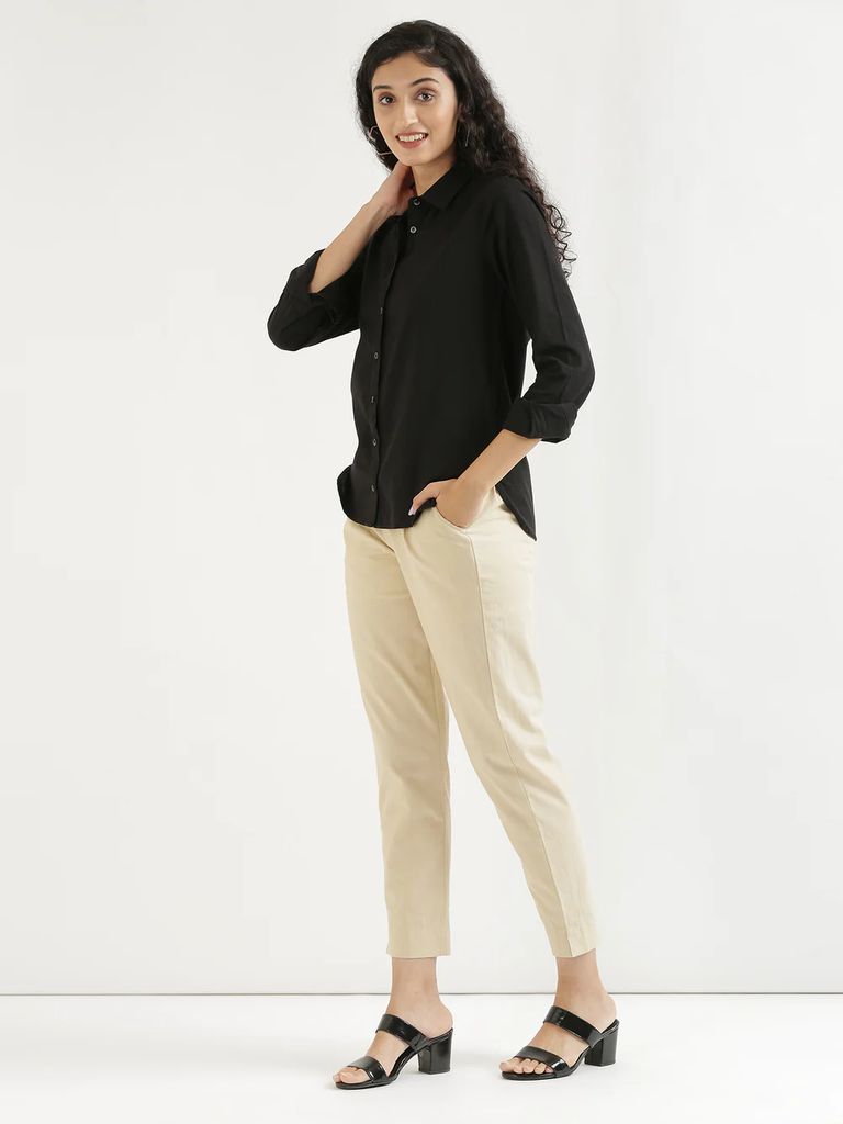 Women's Black Solid Shirt With Beige Top