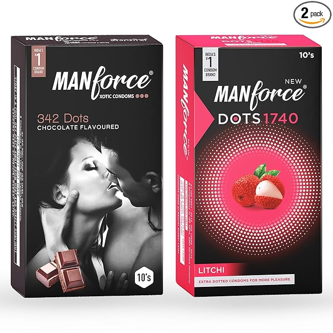 MANFORCE Chocolate flavor condom - 10 Pieces & Extra Dotted Litchi Flavoured Condoms - 10 Pieces Condom (Set of 2 20 Sheets)