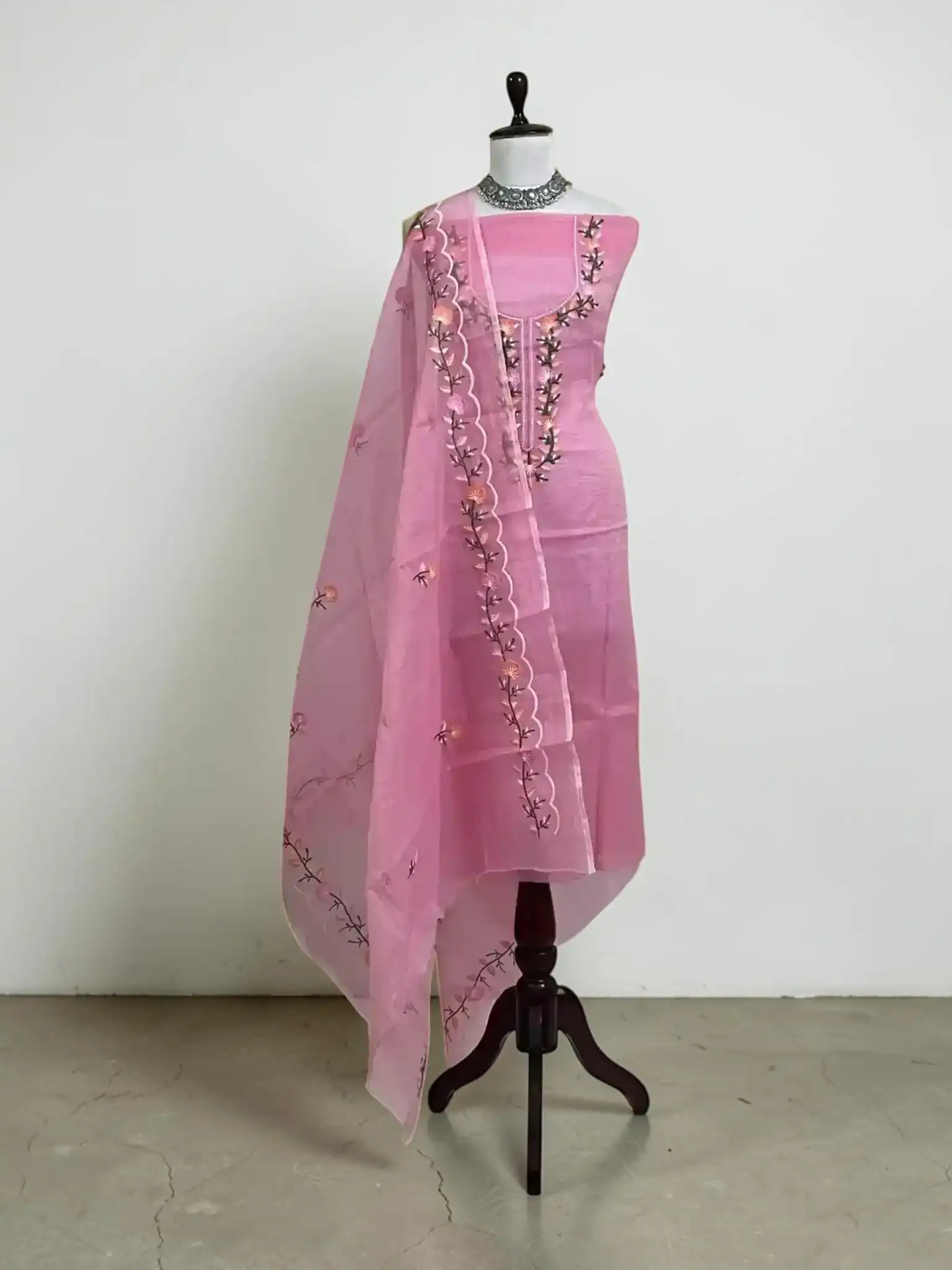 Handwoven Kota Doria Dress Material in Rose Pink with Gota Patti