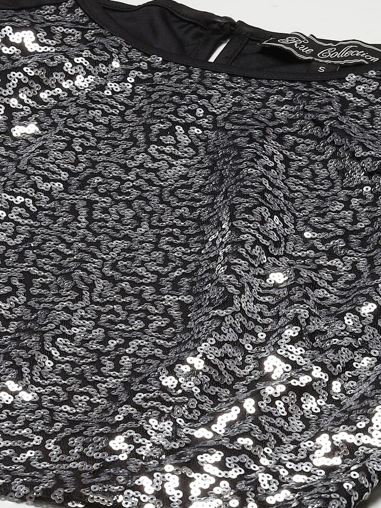 Black & Silver-Toned Embellished Sequined Crop Top view 2