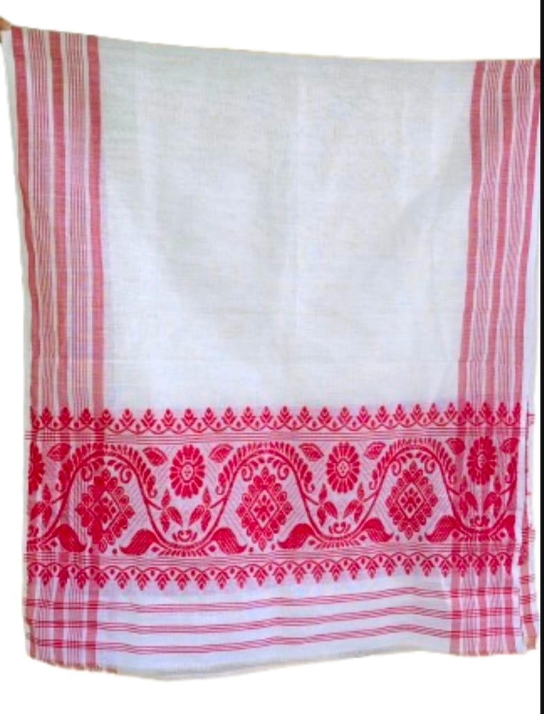 Authentic Assamese Handloom Cotton Gamosa | Traditional Red & White Weave Scarf view 2