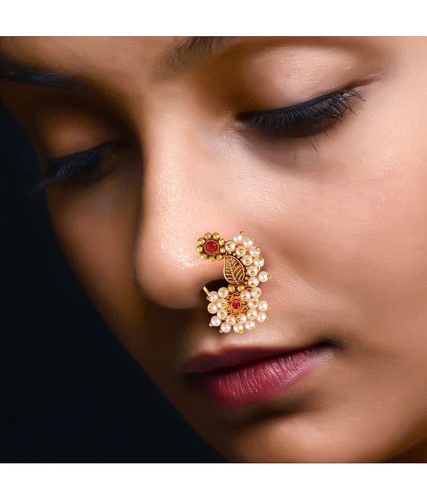 Vivastri's Premium & Elegant Peackock Style Cubic Zirconia Bead Studded Nose Rings For Women & Girls -VIVA1280NTH-PRESS-RED view 2