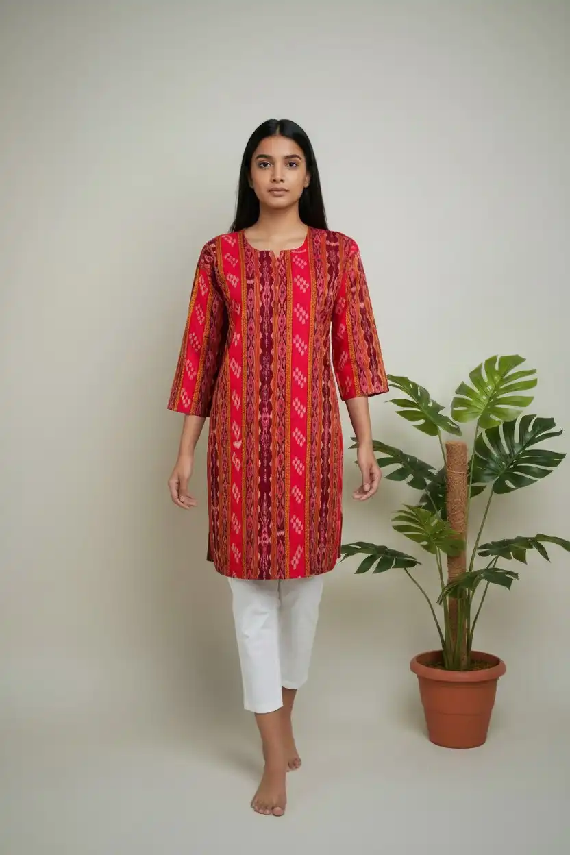 Sambalpuri Ikat Maroon Orange Cotton Kurti view 2