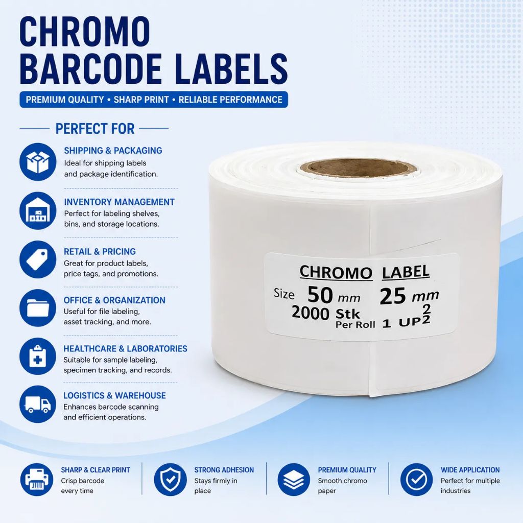 Chromo Barcode Labels – 50mm x 25mm | 2000 Labels per Roll | Self-Adhesive White Paper Label view 2