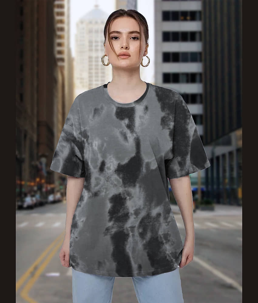 Leotude Women Cotton Blend Dyed Oversized Fit Round Neck T-Shirt ( Grey ) view 2