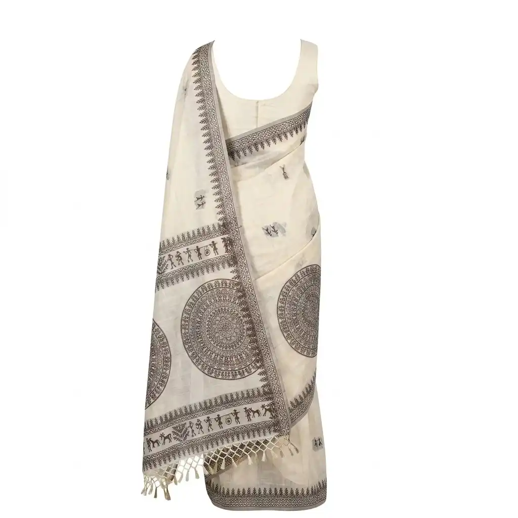 Cream Odisha Handloom Saree | Ethnic Woven Cotton view 2