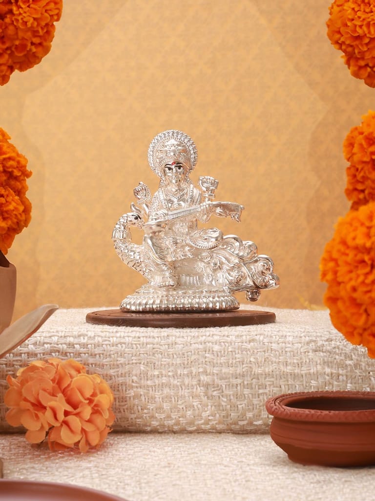 999 Pure Silver Divine Intricate Maa Swaraswati Veena Vadini Puja Silver Idol