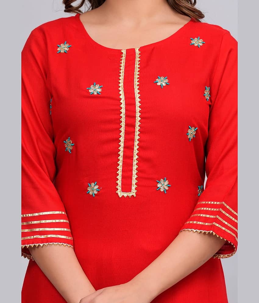 MAUKA Rayon Embroidered Straight Women's Kurti - Red ( Pack of 1 ) view 2