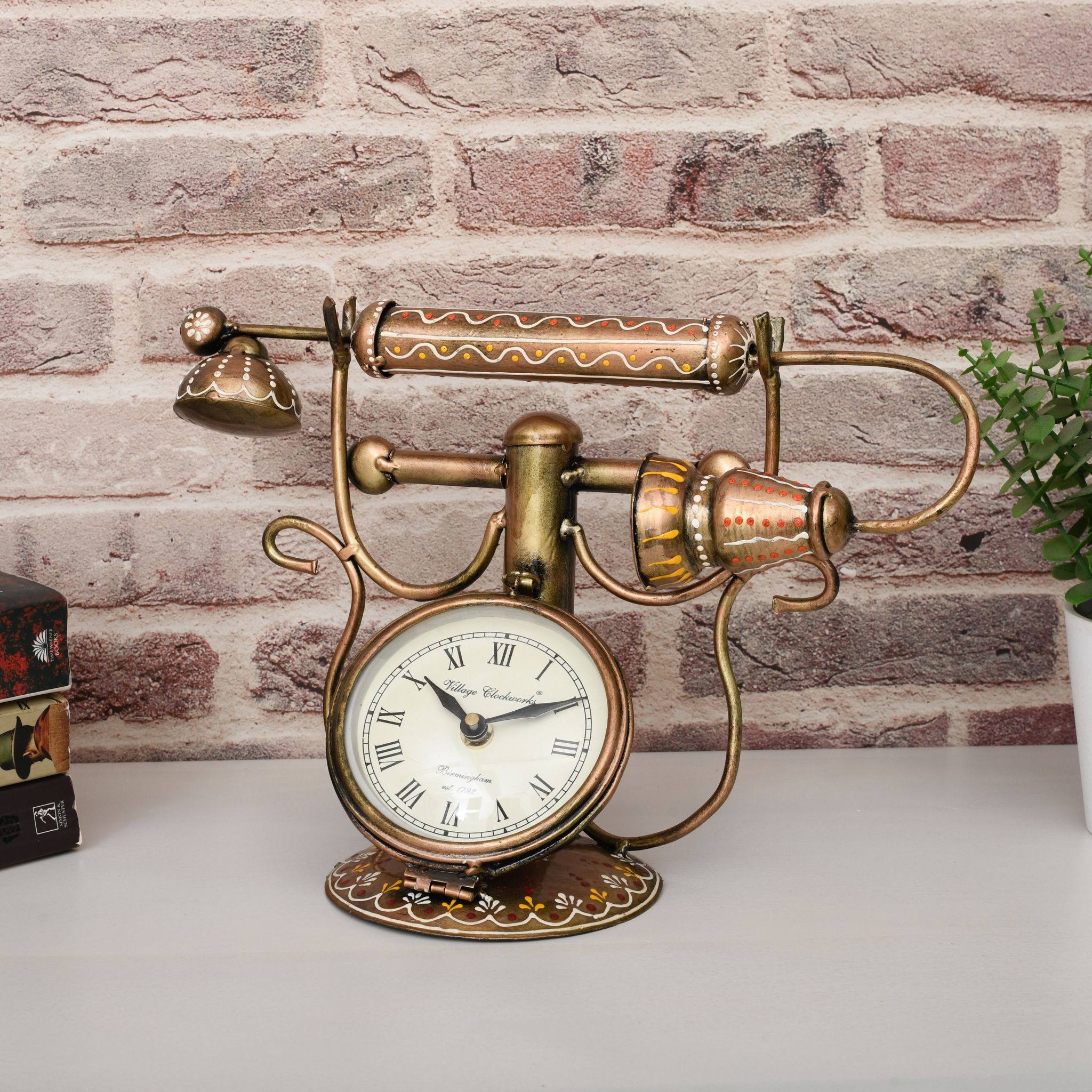 DECORIEE Handpainted Vintage Telephone Table Clock | Royal Metal Analog Decorative Desk Clock for Living Room, Home & Office Decor