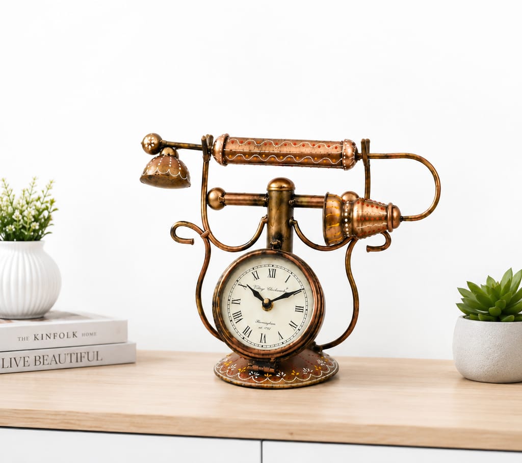 DECORIEE Handpainted Vintage Telephone Table Clock | Royal Metal Analog Decorative Desk Clock for Living Room, Home & Office Decor view 2