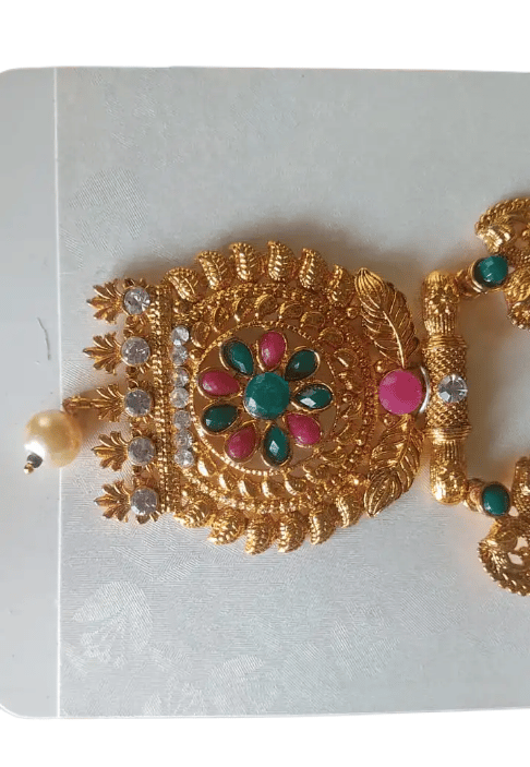 Indian Traditional Gold Plated Kempu Stone Necklace Set with Earrings for Women view 2
