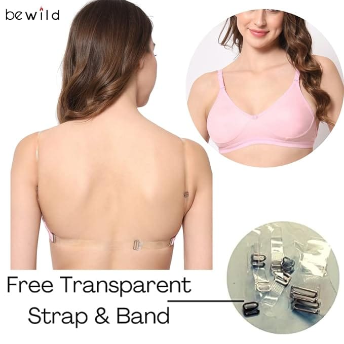 Be-Wild Full Coverage Non Padded Backless Transparent Strap Bra for Women and Girls/Ladies/Black/Cotton/Casual/t-Shirts/Everyday/Regular/Bras (Pack of - 3 Bras) view 2