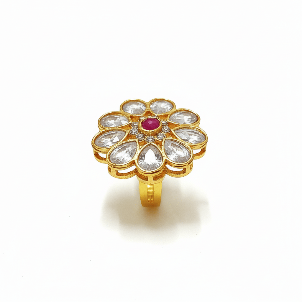 Gold Plated Maroon Stone & Kundan Adjustable Finger Ring view 2