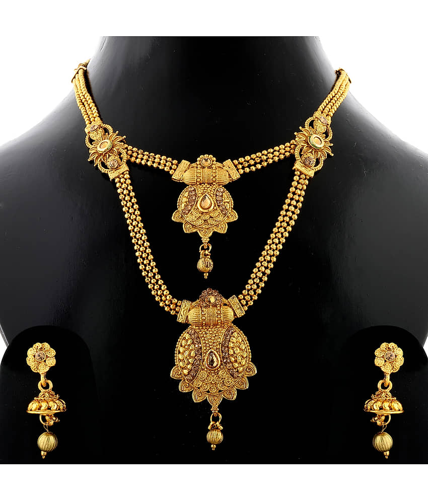 Silver Shine Alloy Golden Choker Traditional Gold Plated Necklaces Set view 2