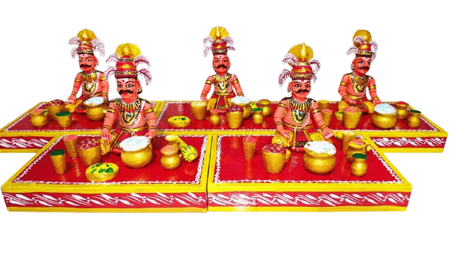 Handmade Wooden Kondapalli Bommalu King Figurine with Festive Miniature Pots view 2