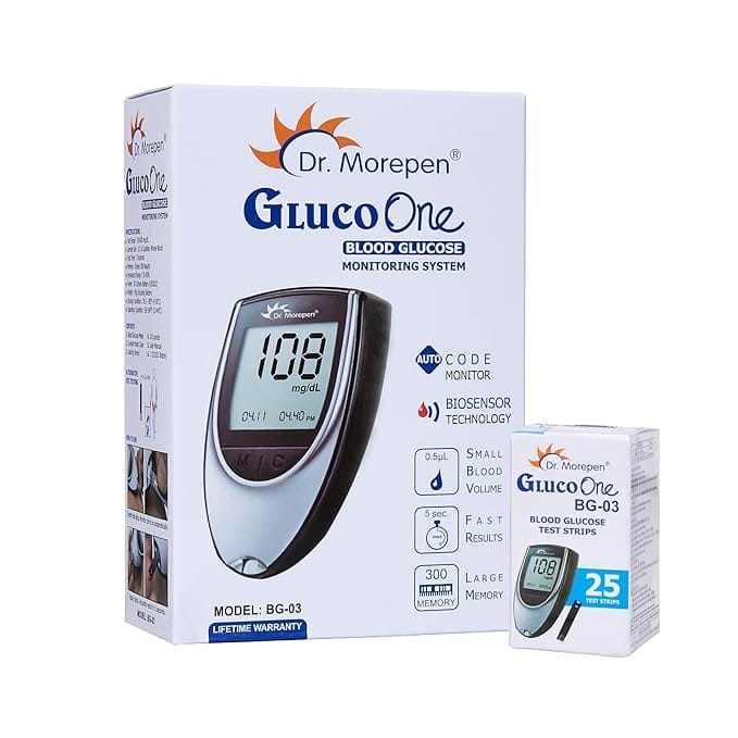 Dr. Morepen BG-03 Gluco One Glucometer Combo - (Glucometer, Lancing Device, 10 Lancet) and strips