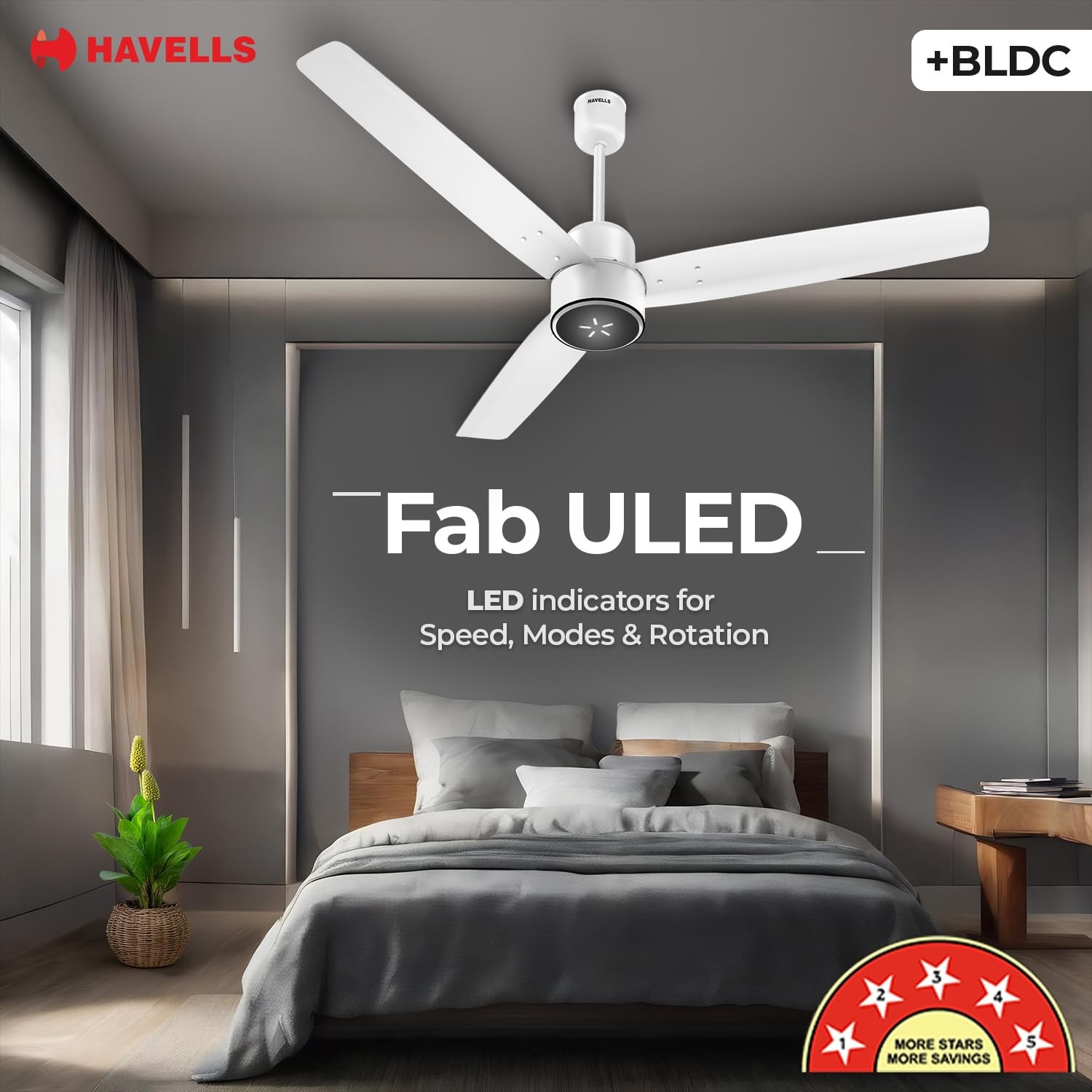 Havells FAB BLDC ULED 1200mm Ceiling Fan with LED Speed Indicator, White view 2