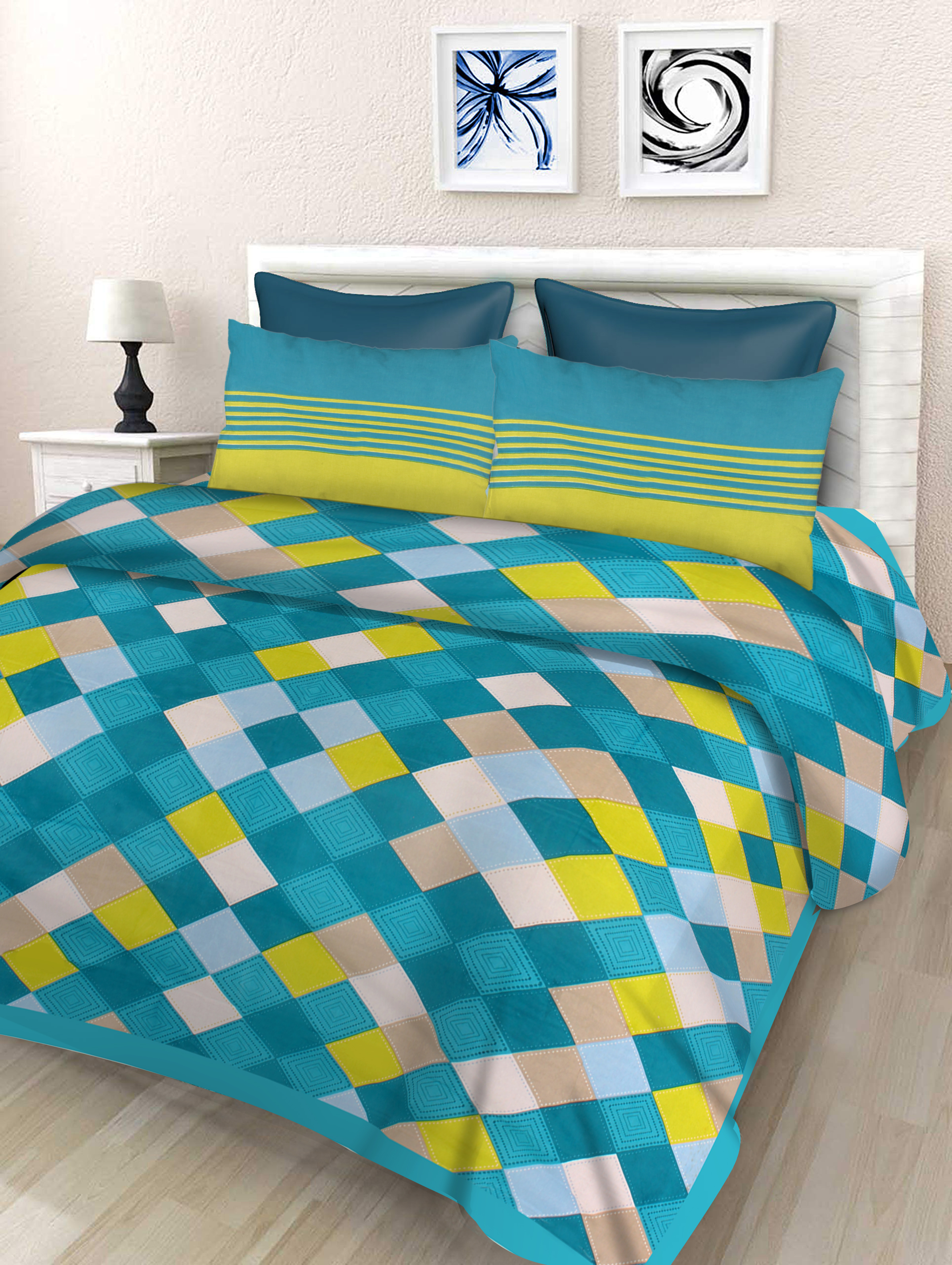 Lali Prints Green Blue Printed Cotton 130 TC Queen Bedsheet With 2 Pillow Covers view 2