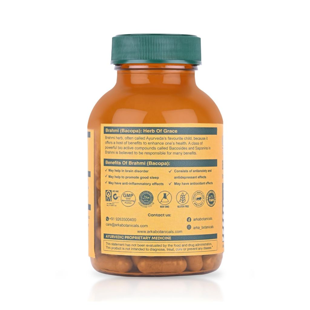 Arka Botanicals Brahmi - Bacopa 60 Veg Capsules | Natural Memory & Focus Support | Ayurvedic Herbal Supplement for Mind Wellness & Alertness | Brain Health & Learning Aid | Pure Herbs Formula view 2