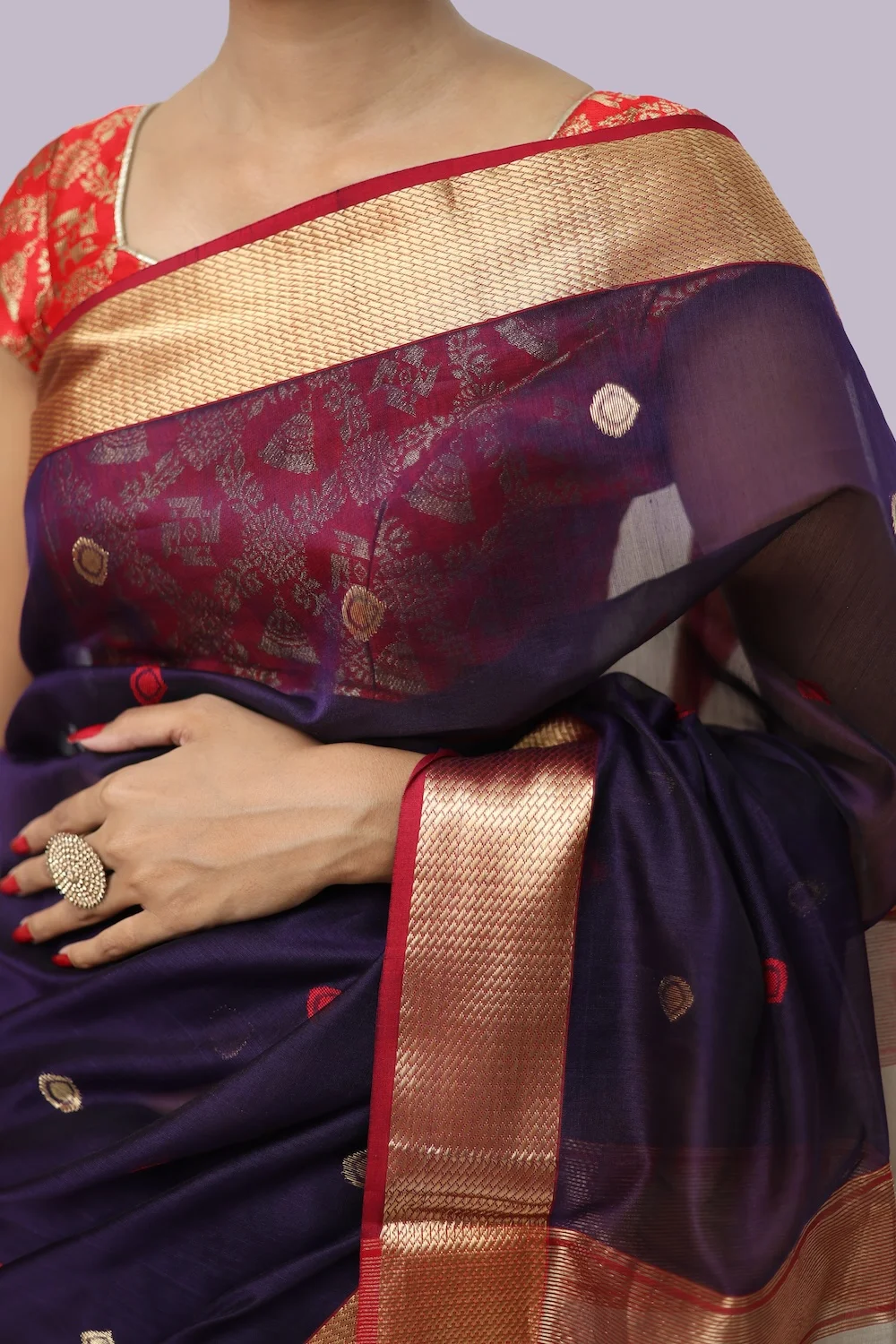 Vibrant Purple Drop motif handloom Saree with Tassels view 2
