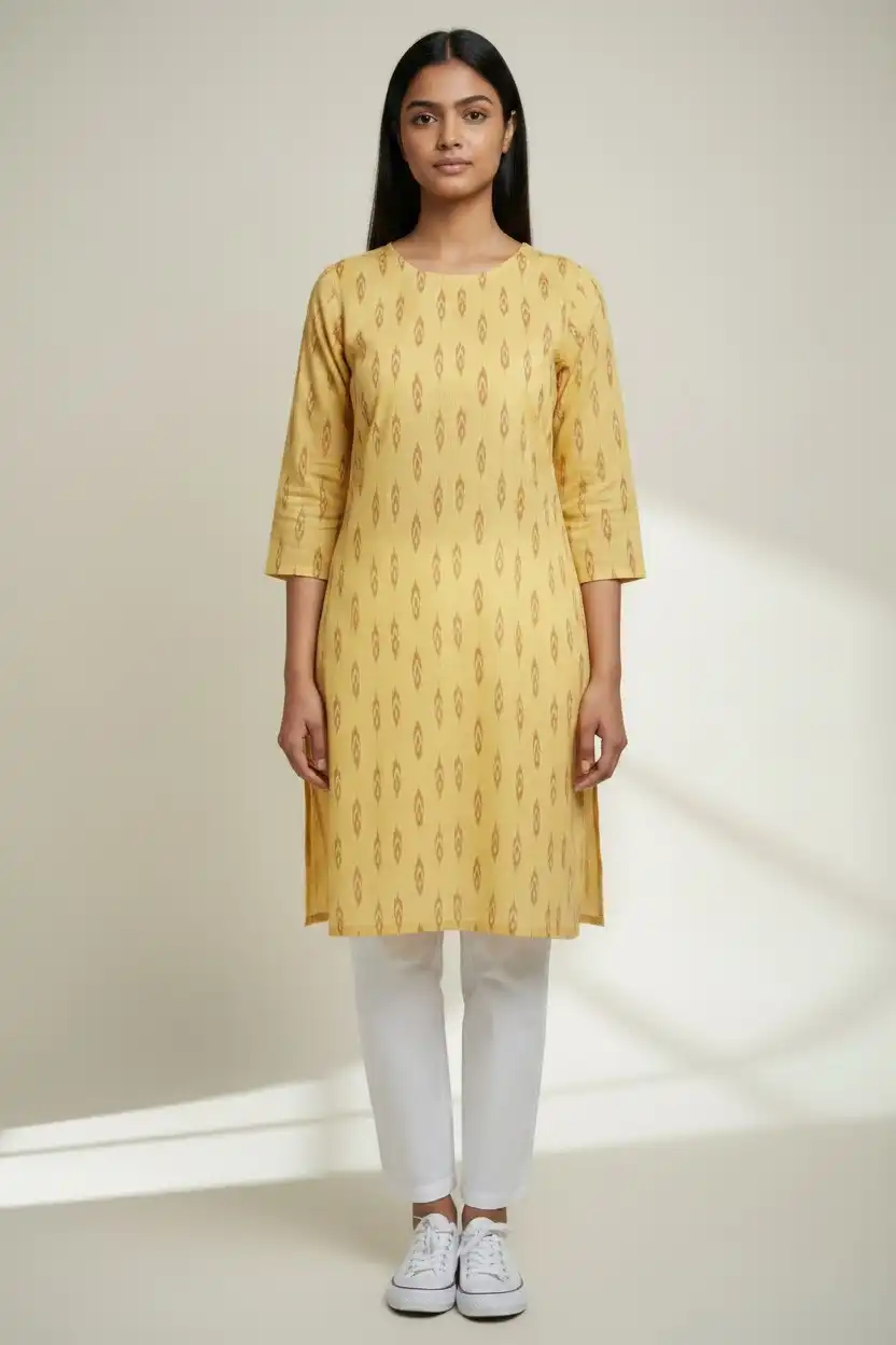 Handwoven Sambalpuri Bandhakala Cotton Kurti in Yellow view 2