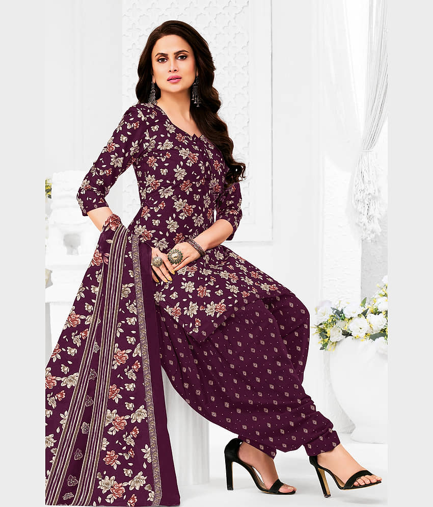 shree jeenmata collection Women Cotton Printed Straight Kurti With Patiala Salwar ( Purple )