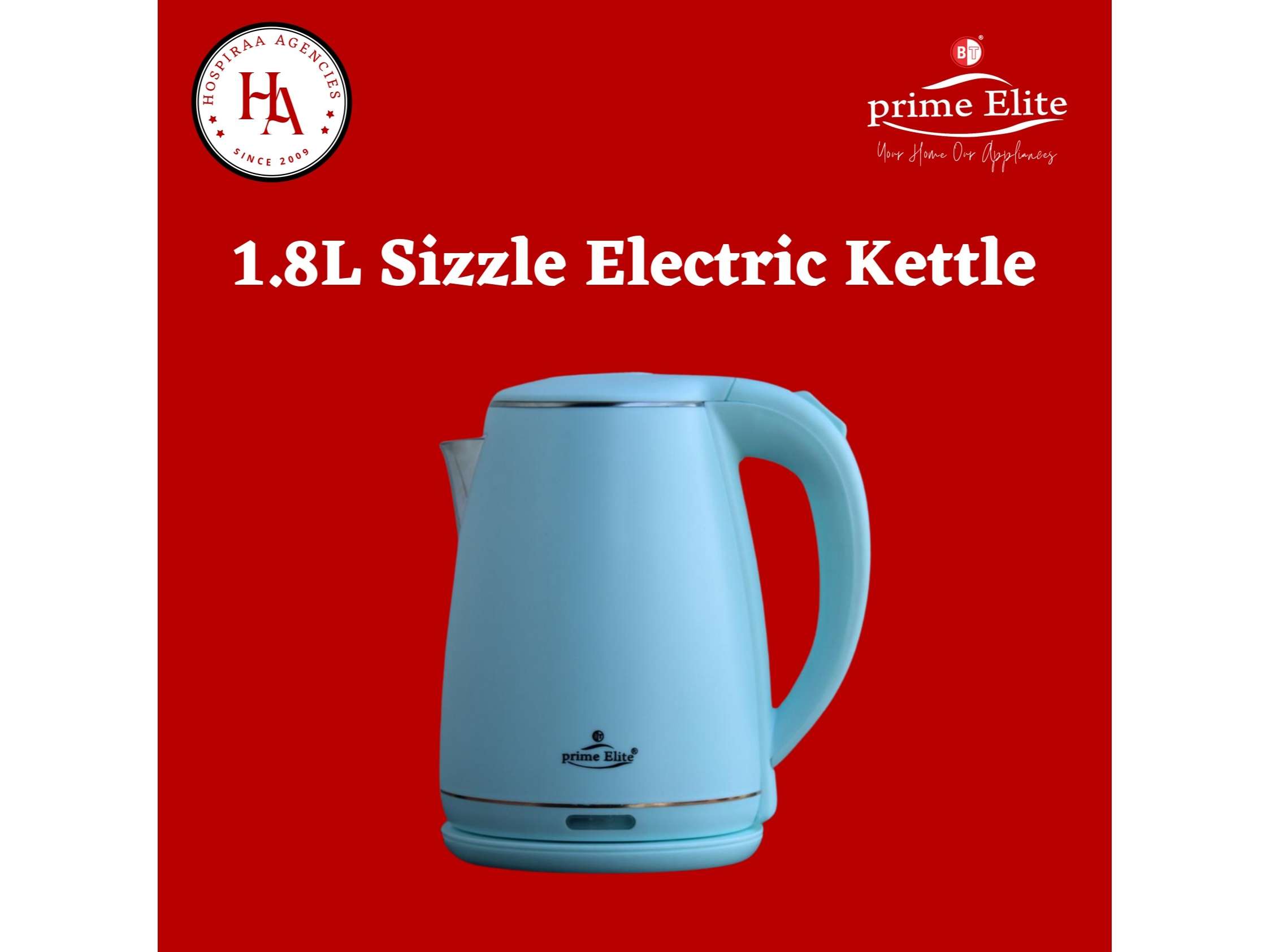 Prime Elite 1.8L Sizzle Stainless Steel Electric Kettle for Fast Boiling, Auto Shut-Off, 360 Swivel Base