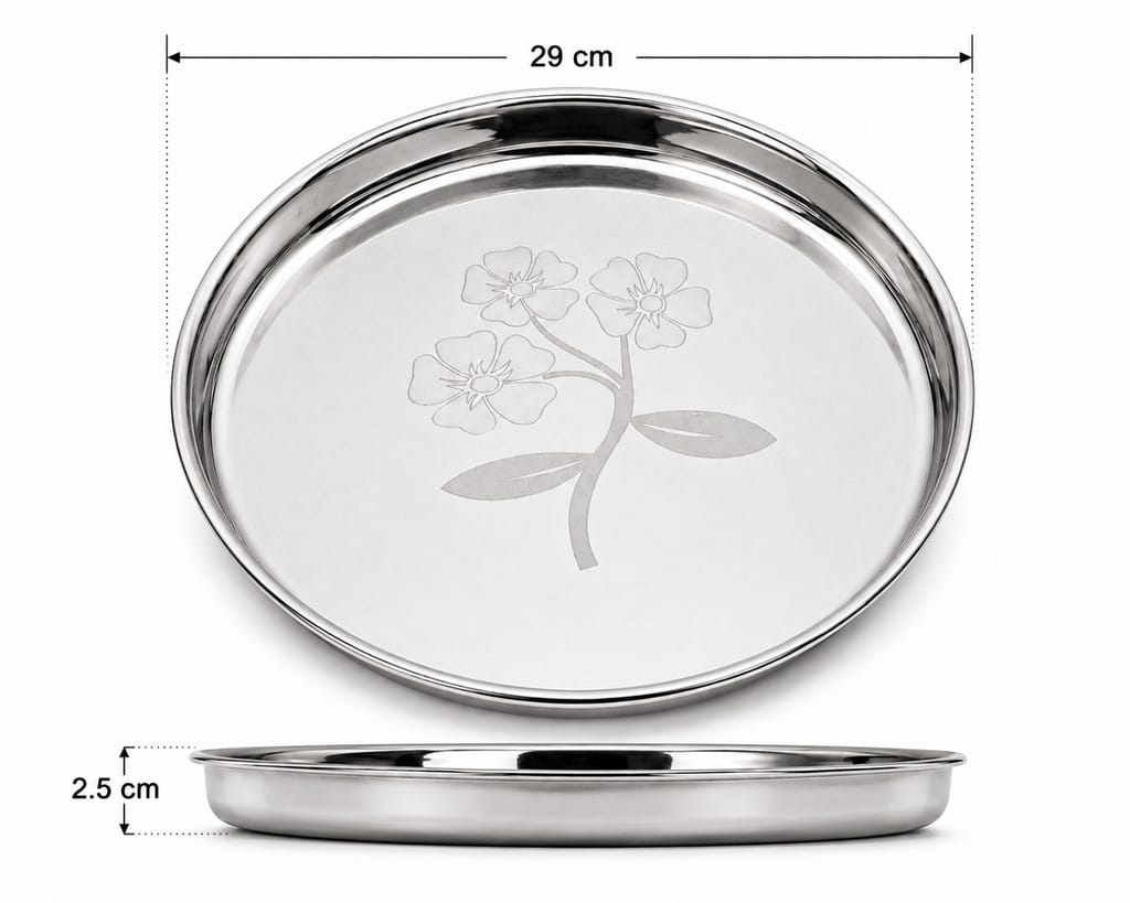 Premium Stainless Steel Round Floral Design Thali (Khoncha) view 2