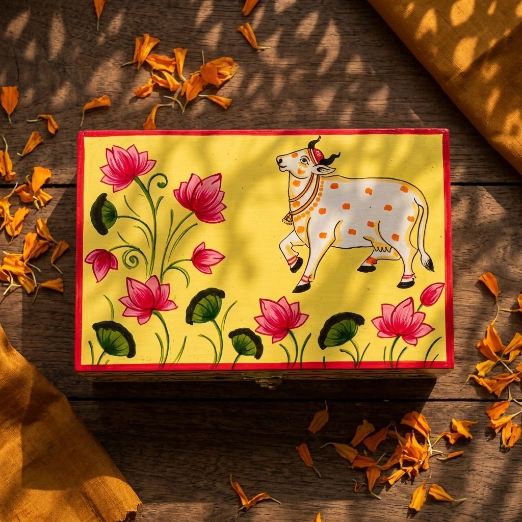 Hand Painted Pichwai Art Wooden Yellow Color Rectangle shape Storage Box