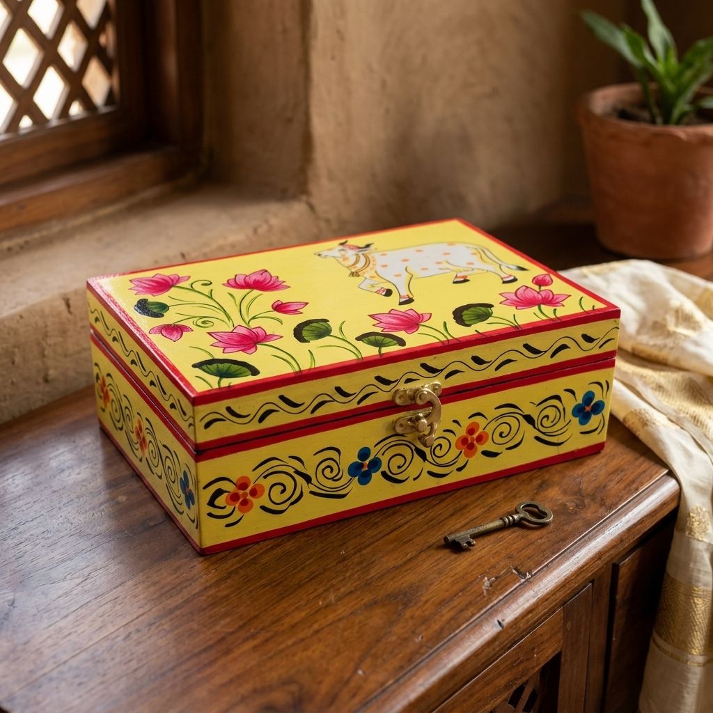 Hand Painted Pichwai Art Wooden Yellow Color Rectangle shape Storage Box view 2