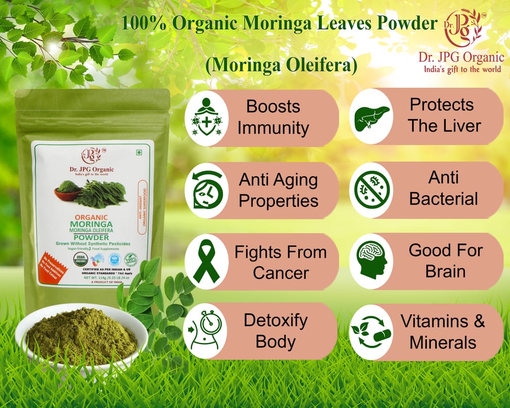 Dr. JPG Organic Herbals Moringa Powder 228g / Moringa Leaf Powder/Healthy Supper Food/Drumstick Leaf Powder INDIA ORGANIC certified / 114g Pack Of 2 view 2